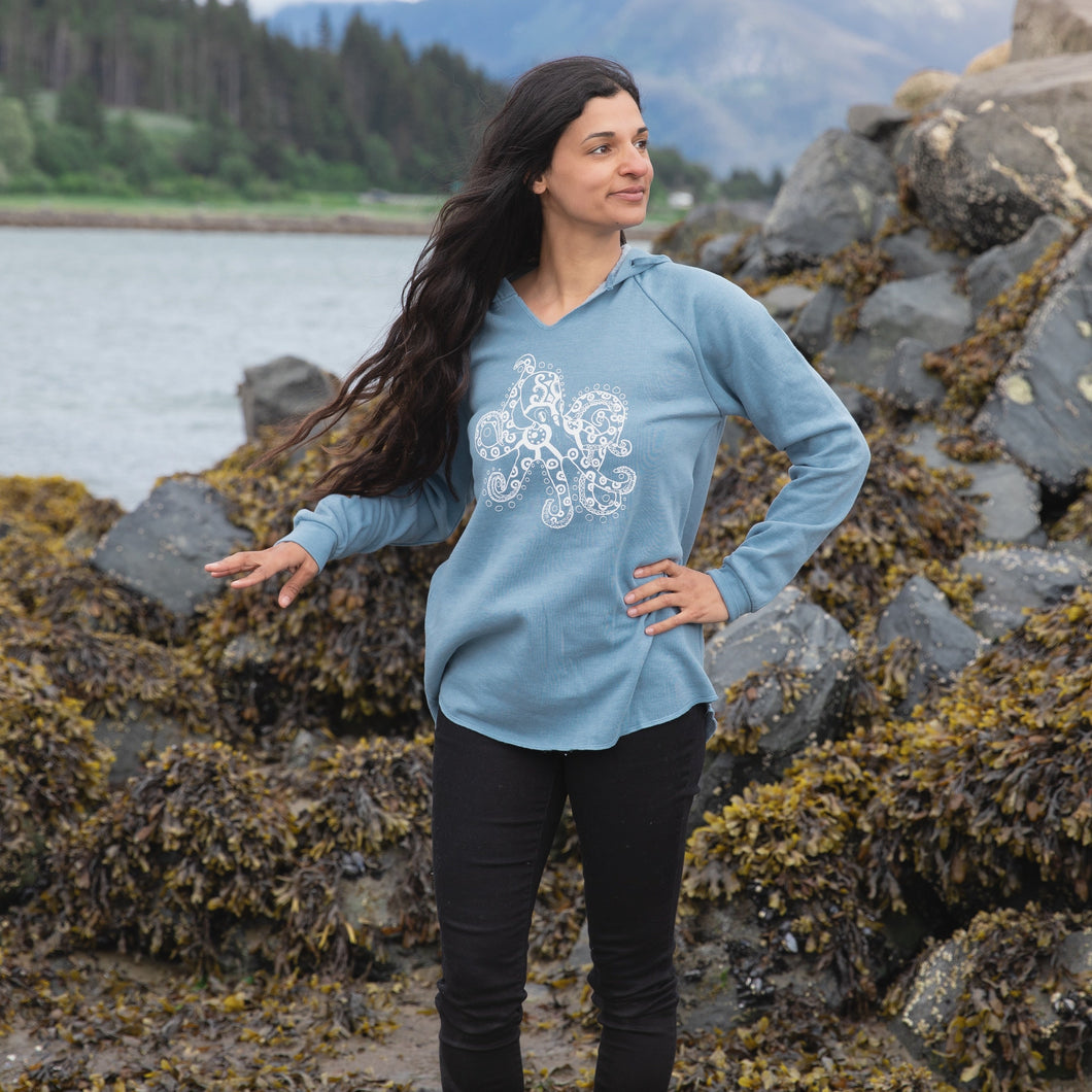 Women's Wave Cut Misty Blue Octopus Hoodie