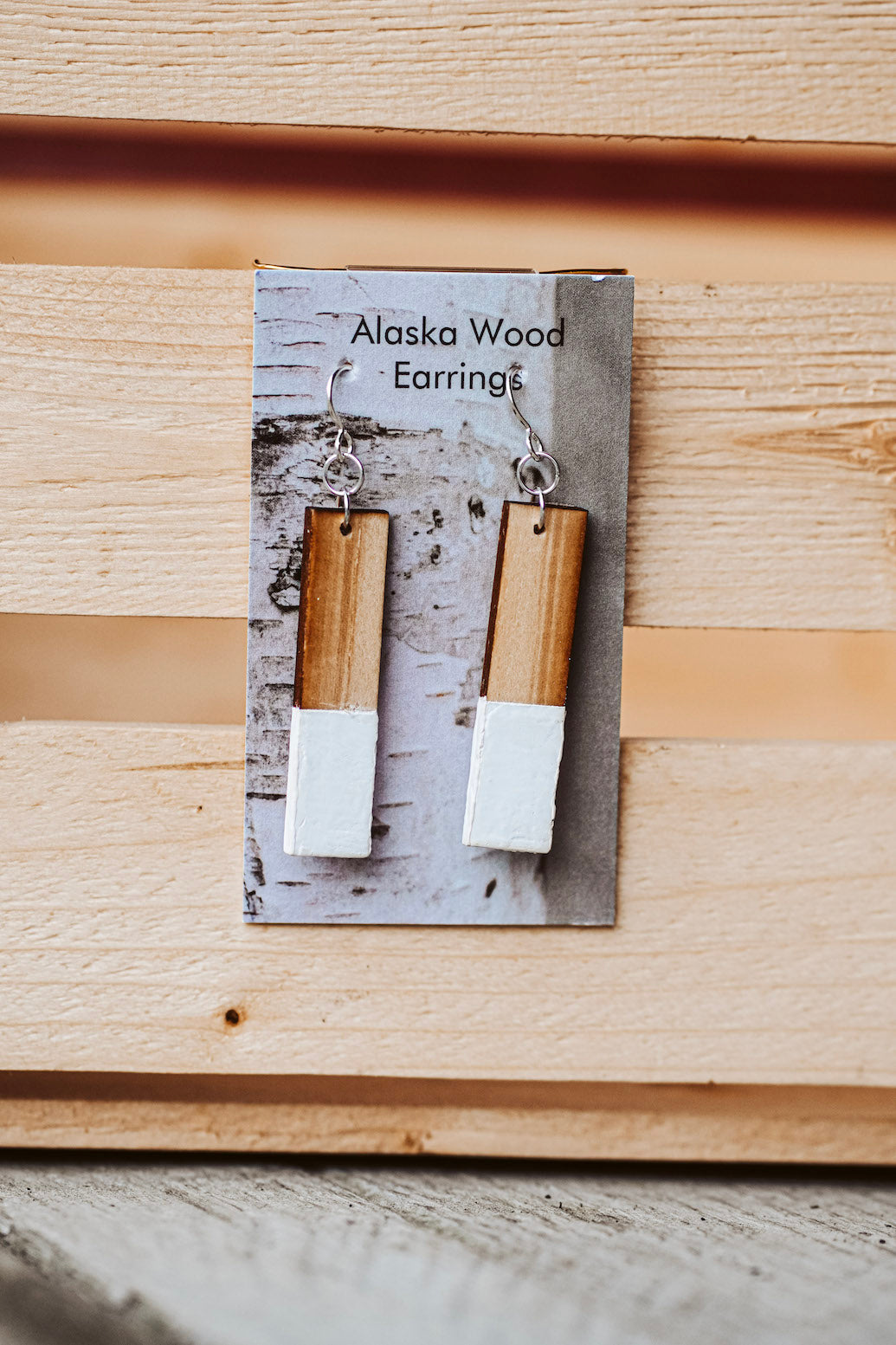 Alaska Wood Earrings Sterling Silver White Rectangle Earrings